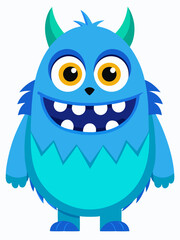 Cute Blue Monster – Friendly Cartoon Character with Big Green Eyes and Horns in Children's Vector Illustration