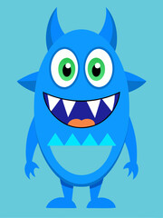 Cute Blue Monster – Friendly Cartoon Character with Big Green Eyes and Horns in Children's Vector Illustration