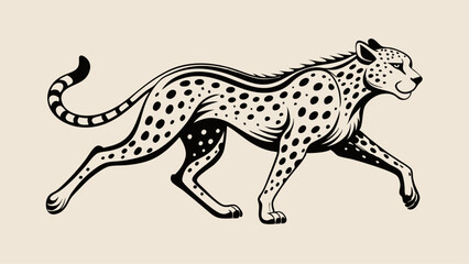Vintage Cheetah Running – Black and White Sketch with Detailed Spots and Dynamic Pose in Wildlife Art Style