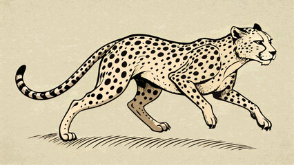 Vintage Illustration of Cheetah Running – Detailed Wildlife Art in Sepia Tones with Spotted Fur and Long Tail