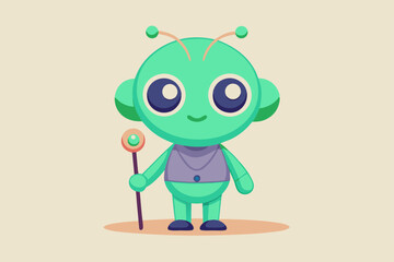 Cute Cartoon Alien Character – Big Eyes, Green Skin, and Teal Bodysuit with Sci-Fi Staff in Kawaii Style