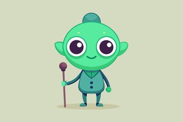 Cute Cartoon Alien Character – Big Eyes, Green Skin, and Teal Bodysuit with Sci-Fi Staff in Kawaii Style
