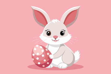 Cute Cartoon Bunny Illustration – Fluffy White Rabbit with Easter Egg on Pastel Pink Background in Kawaii Style
