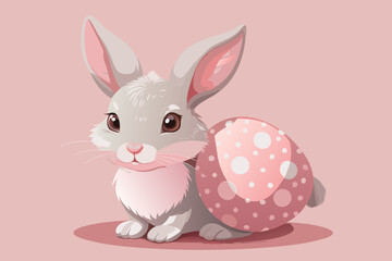 Fototapeta premium Cute Cartoon Bunny Illustration – Fluffy White Rabbit with Easter Egg on Pastel Pink Background in Kawaii Style