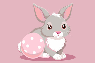 Cute Cartoon Bunny Illustration – Fluffy White Rabbit with Easter Egg on Pastel Pink Background in Kawaii Style