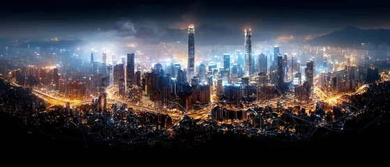 Night City Skyline Panorama with Bright Lights and Dark Background © arista