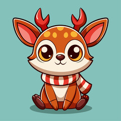 Cute Cartoon Reindeer in Chibi Style – Big Eyes, Red Scarf, and Pastel Blue Background Holiday Illustration