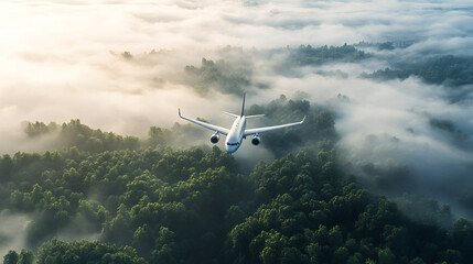 Sustainable aviation fuel concept of flight running on biofuel green energy. A light green plane flies over the forest