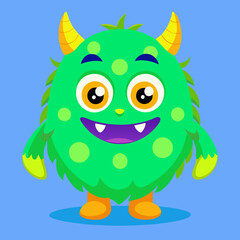 Cute Green Cartoon Monster – Kawaii Furry Character with Yellow Horns and Friendly Smile on Blue