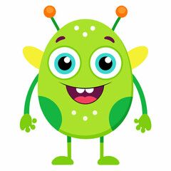Cute Cartoon Alien with Big Eyes, Green Skin, Polka Dot Body, and Orange Antennae, Whimsical Children's Illustration