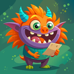 Cute Cartoon Monster with Big Smile, Colorful Fur, and Playful Expression, Holding a Device, Fantasy Creature, Children's Illustrati