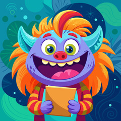 Cute Cartoon Monster with Big Smile, Colorful Fur, and Playful Expression, Holding a Device, Fantasy Creature, Children's Illustrati