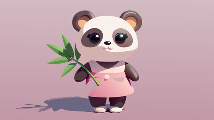 Naklejka premium Cute Cartoon Panda in Pink Tutu Holding Bamboo Leaves, Kawaii Style, Adorable Digital Illustration