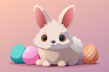 Cute cartoon bunny, pastel colors, soft lighting, 3D render, fluffy texture, Easter eggs, pink background, kawaii style, round shapes, gentle shadows, playful pose, big eyes, digital art, minimalist c
