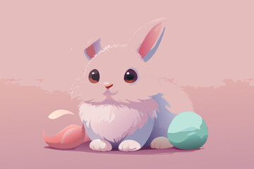 Cute cartoon bunny, pastel colors, soft lighting, 3D render, fluffy texture, Easter eggs, pink background, kawaii style, round shapes, gentle shadows, playful pose, big eyes, digital art, minimalist c