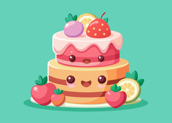 Cute Cartoon Cake with Colorful Fruit Toppings, Kawaii Style, Smiling Face, Pastel Colors
