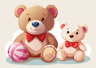 Obraz premium Cute Cartoon Teddy Bears with Red Bow Ties and Striped Ball, Kawaii Style, Playful Family Portrait