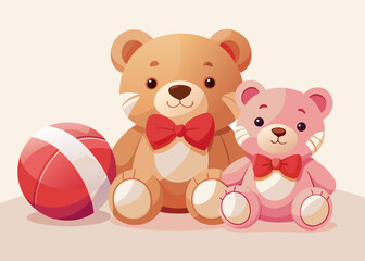 Cute Cartoon Teddy Bears with Red Bow Ties and Striped Ball, Kawaii Style, Playful Family Portrait