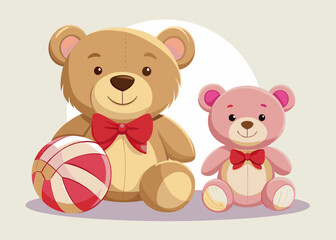 Cute Cartoon Teddy Bears with Red Bow Ties and Striped Ball, Kawaii Style, Playful Family Portrait