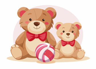 Cute Cartoon Teddy Bears with Red Bow Ties and Striped Ball, Kawaii Style, Playful Family Portrait