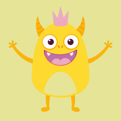 Cute Yellow Monster Character with Big Smile, Pink Spiky Hair, and Playful Expression