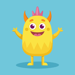 Cute Yellow Monster Character with Big Smile, Pink Spiky Hair, and Playful Expression