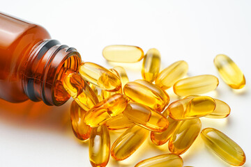 Vitamin capsules in a bottle, soft gels, Fish oil capsules, omega 3, omega 9, vitamin D, vitamin E