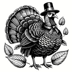 Vintage Thanksgiving Turkey Top Hat Detailed Feathers Black and White Woodcut Style Engraving