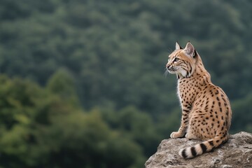 Obraz premium capture ethereal grace of wild cat poised on rocky ledge under soft dappled sunlight with dramatic backdrop of dense