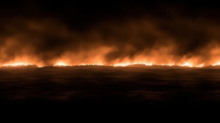 Fiery horizon at night; intense wildfire burning across a landscape, creating a dramatic orange glow against the dark sky.
