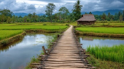 Fototapeta premium Rustic wooden bridge over rice paddy fields, tranquil landscape, hut in background