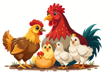 Cartoon Chicken Family Illustration with Vibrant Colors and Cute Farm Animals