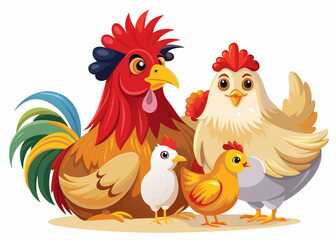Cartoon Chicken Family Illustration with Vibrant Colors and Cute Farm Animals