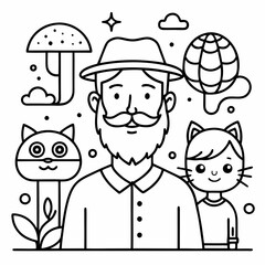Line Art Illustration of Elderly Man and Young Woman Enjoying Cozy Autumn Scene