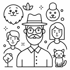 Line Art Illustration of Elderly Man and Young Woman Enjoying Cozy Autumn Scene