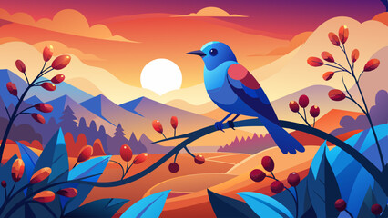 Fototapeta premium Vibrant Blue Bird on Autumn Branch with Sunset Landscape