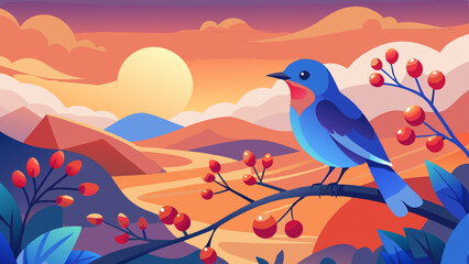 Vibrant Blue Bird on Autumn Branch with Sunset Landscape