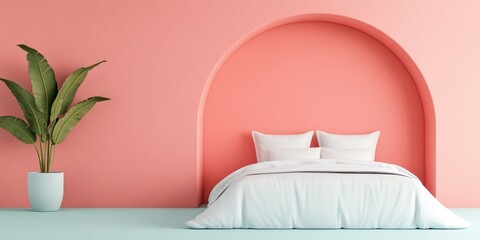 Serene bedroom showcases arched niche and potted plant accents