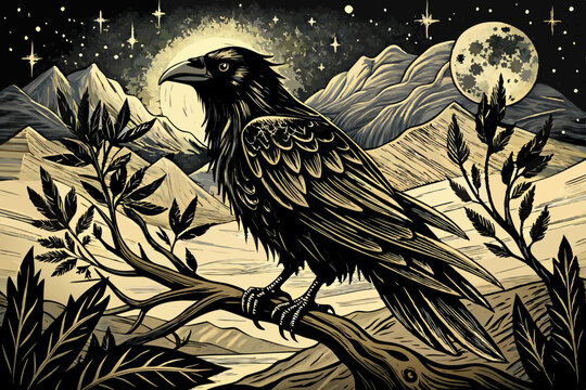 Dark Raven Under Moonlit Night in Gothic Vintage Illustration Style