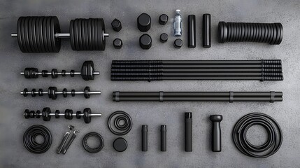 Comprehensive Fitness Equipment Flat Lay with Dumbbells Resistance Bands and Water Bottle