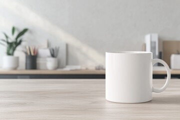 Fototapeta premium minimalist scene featuring blank white coffee mug on clean wooden table offers extensive copy space ideal for branding