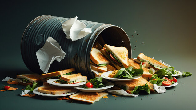 Overflowing Trash Can with Leftover Meals, Illustrating Food Waste and Global Hunger Crisis