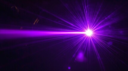 Vivid purple laser beam glowing against a pitch-black backdrop, accompanied by powerful lens flare and radiant light rays creating an intense and captivating visual effect. 
