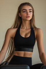 Fototapeta premium Health and Fitness Portrait of a Woman in a Stylish Black Workout Outfit