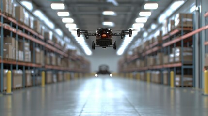 Fototapeta premium Drone Delivery in Modern Warehouse Automated Logistics Efficiency Technology