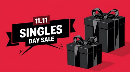 A vibrant red background with a prominent black banner displaying '11.11 SINGLES DAY SALE', complemented by two black gift boxes with shiny ribbons, perfect for promotional visuals or sales campaigns.