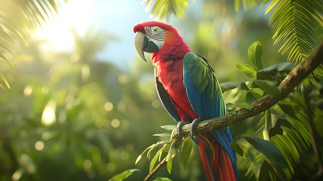 Vibrant Macaw Parrot Perched on Tropical Tree Branch with Lush Foliage Background