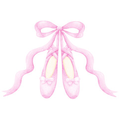 Ballet slippers with bow watercolor hand draw