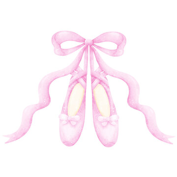 Ballet slippers with bow watercolor hand draw