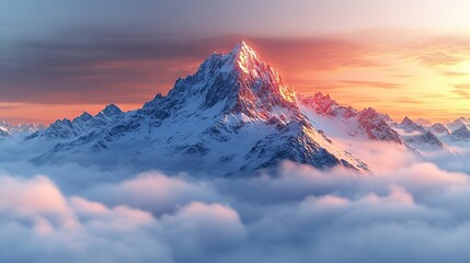 A majestic mountain peak emerging from the clouds at sunset, symbolizing achievement and serenity